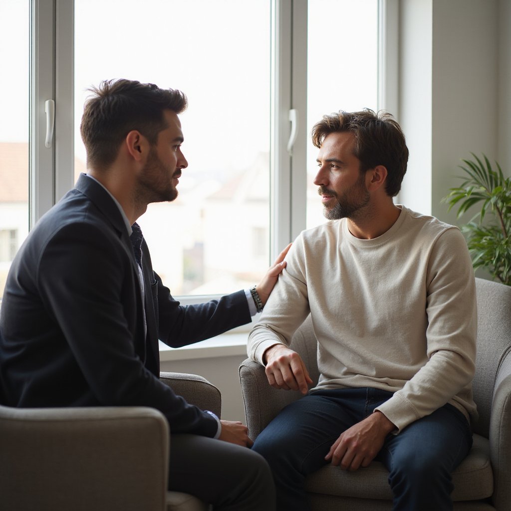 Two men talking in a therapy room