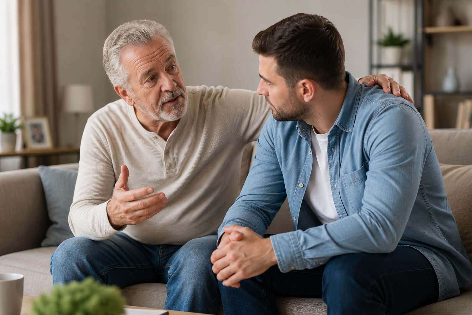 Older man with his hand on a younger man's shoulder speaking supportively on a couch.